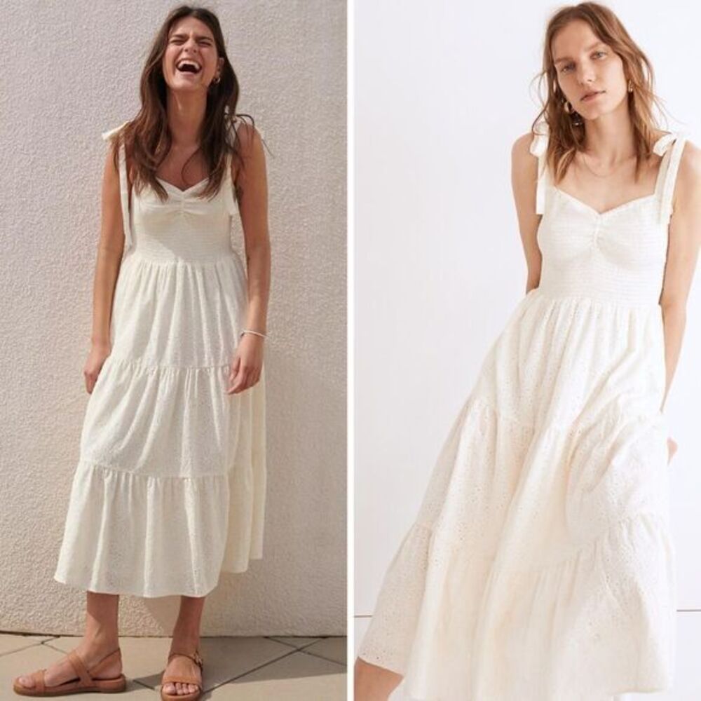Madewell Cream Eyelet Tie-Shoulder Midi Dress